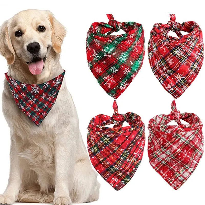 Bandanas Large Pet Scarf Christmas Snow Print Dog Cotton Plaid WashableBow Ties Collar Cat Dog Scarf Large Dog Accessories