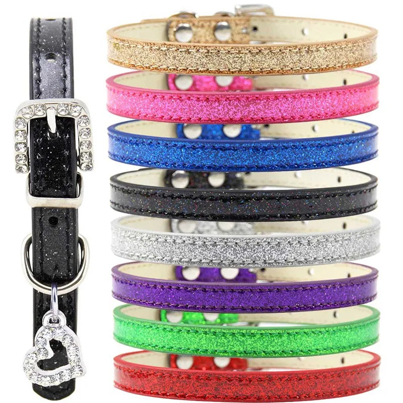 Bling Crystal Pendant Leather Pet Dog Collars Puppy Cat Choker Necklaces Pet Jewelry Accessory