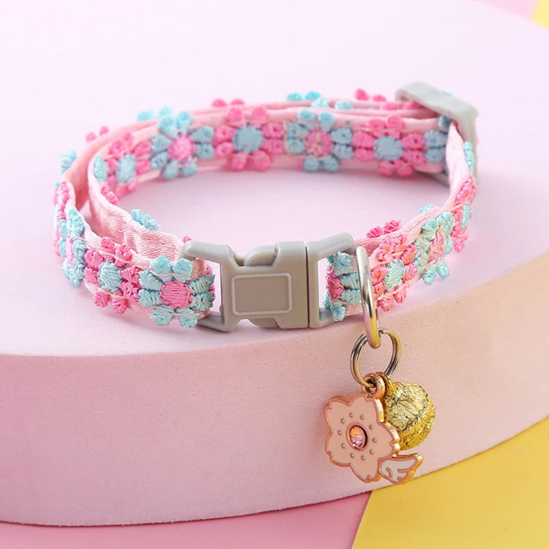 Rainbow Flower Cat Collar With Bell Kitten Puppy Necklace Adjustable Buckle Colorful Lace Kitten Collar Dog Accessories