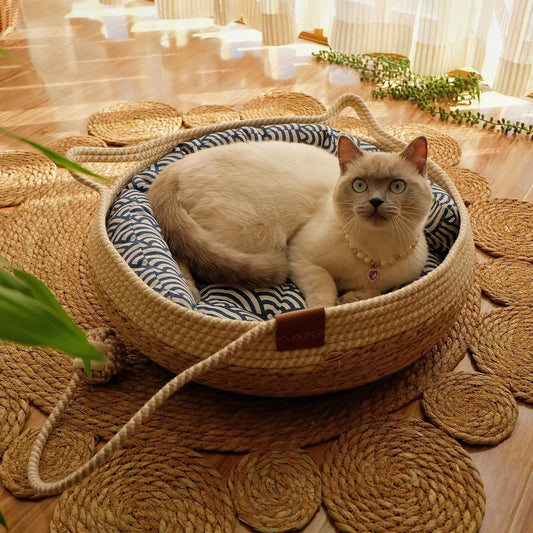 Woven Cat Bed Pet Nest All Seasons Comfortable Sleeping 35/40cm Cat Nesk Round Cat House Puppy Dog Bed