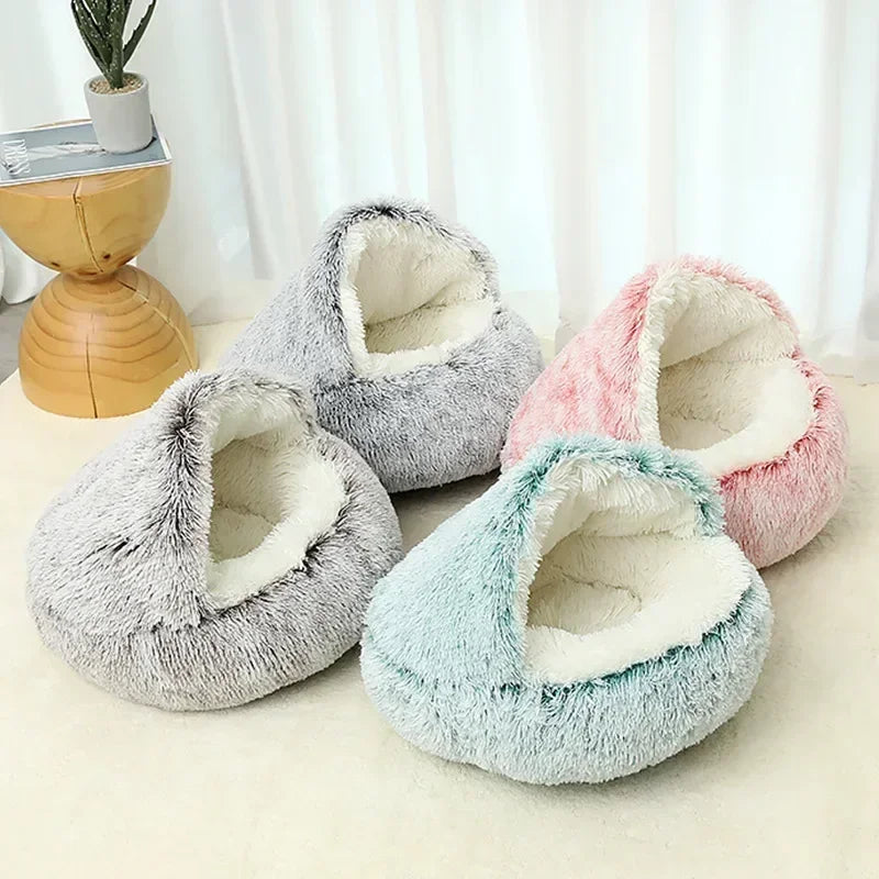 Winter Soft Plush Pet Bed with Cover Round Cat Bed Pet Mattress 
Warm Cat Dog Sleeping Nest Cave for Small Dogs Kitten 2 in 1