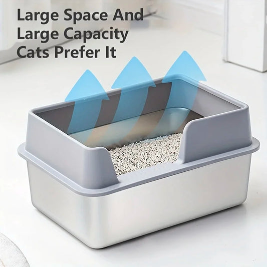 Large Stainless Steel Cat Litter Box with High Wall Enclosure Non-Stick Leak Proof Easy to Clean Includes Lid