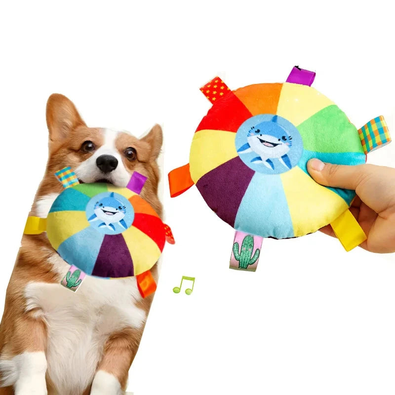 Funny Rainbow Plush Flying Saucer Dog Toys Outdoor Interactive Training Games Chew Toy Pets Flying Discs Toys with Bells