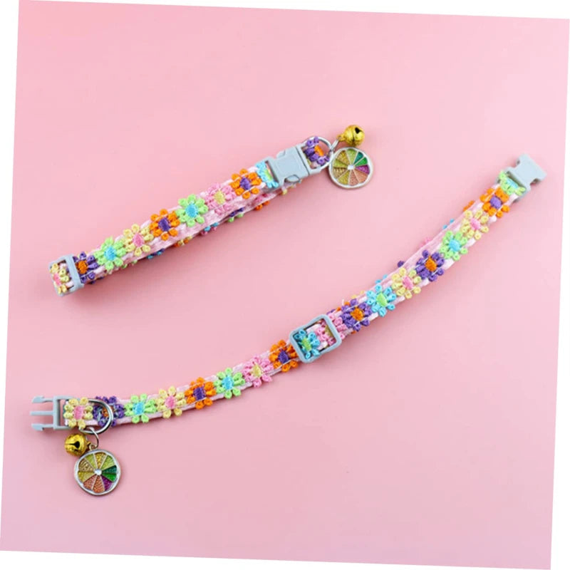 Rainbow Flower Cat Collar With Bell Kitten Puppy Necklace Adjustable Buckle Colorful Lace Kitten Collar Dog Accessories