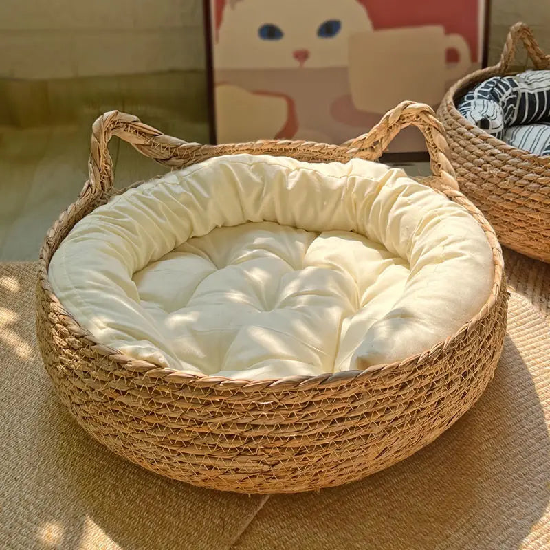 Weaving Cat Basket Pet Cat Bed With Cushion Soft Warm Puppy Kitten Bed Donut Round Comfortable Sleeping Cat House