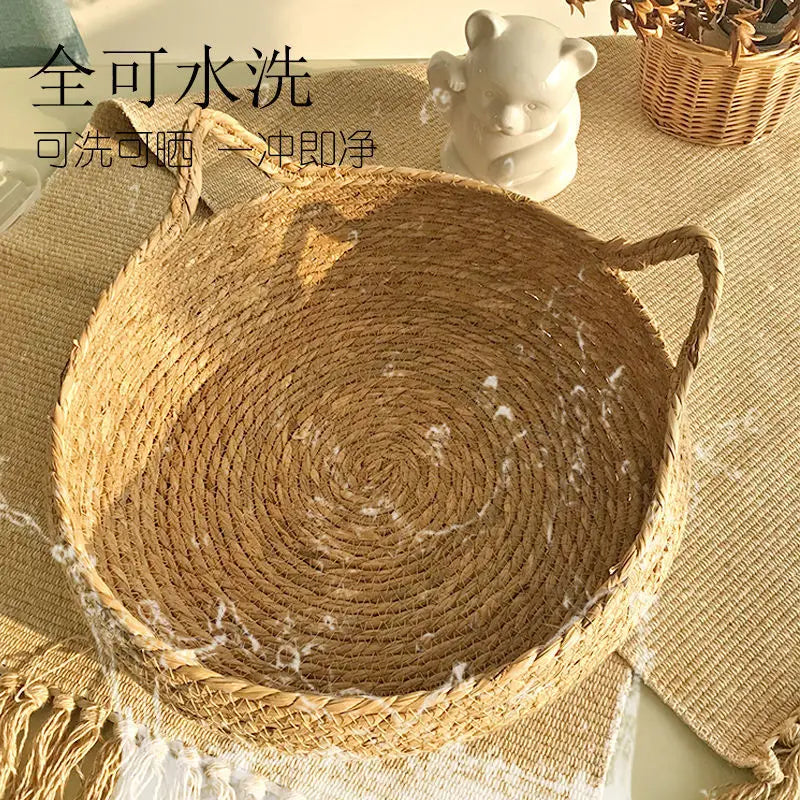 Weaving Cat Basket Pet Cat Bed With Cushion Soft Warm Puppy Kitten Bed Donut Round Comfortable Sleeping Cat House