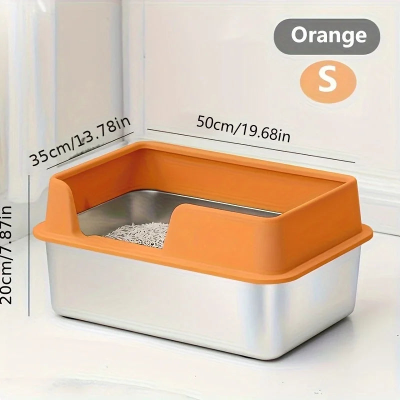 Large Stainless Steel Cat Litter Box with High Wall Enclosure Non-Stick Leak Proof Easy to Clean Includes Lid