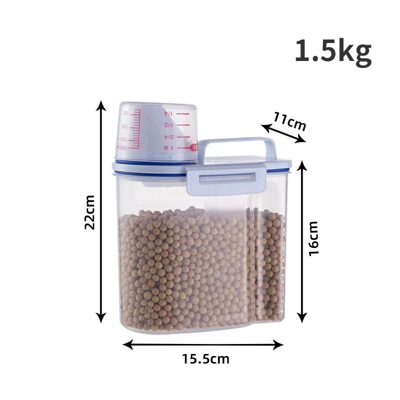 Dog Cat Food Pail Plastic Storage Tank with Measuring Cup Container Moisture-proof Sealed Jar