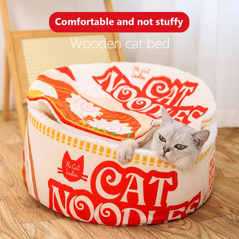 Winter Cartoon Ramen Cat Nest Love Warm Cute Semi-enclosed Cat Bed Can Be Opened And Washed