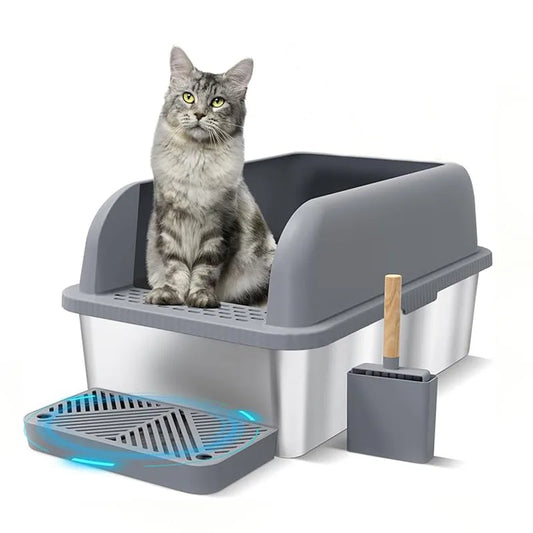 Pet Cat Litter Box Front Door Flat Slope Stainless Steel Open Type Cat Toilet Durable Spacious For Easy Comfortable Use