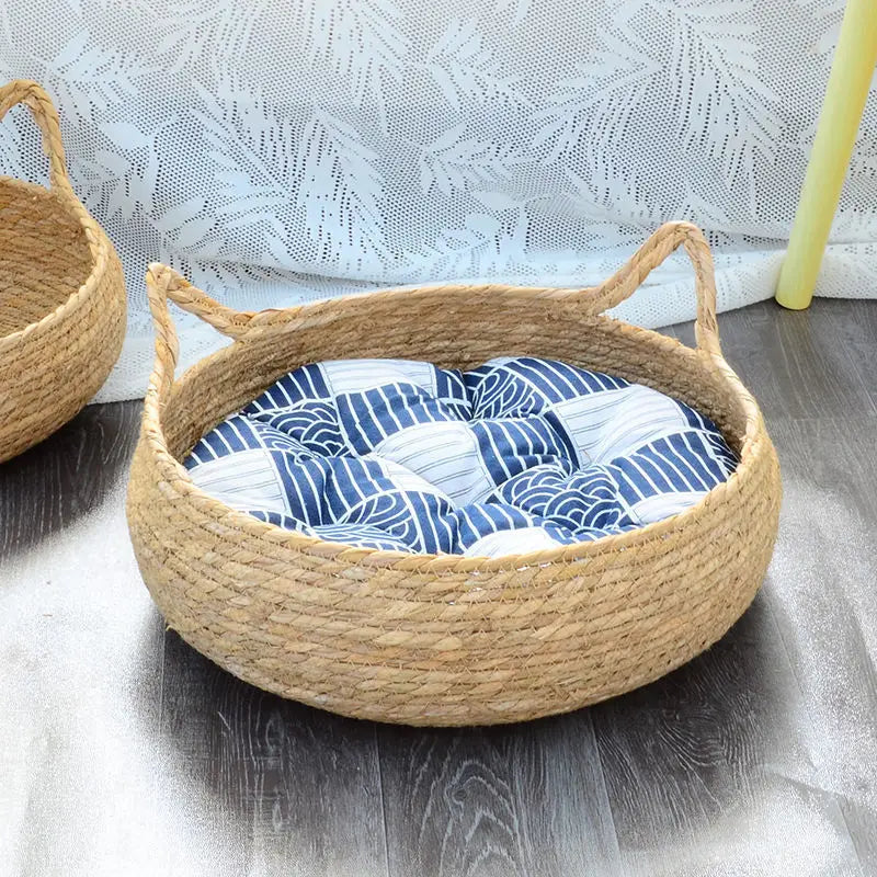 Weaving Cat Basket Pet Cat Bed With Cushion Soft Warm Puppy Kitten Bed Donut Round Comfortable Sleeping Cat House