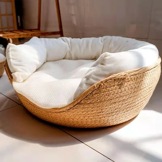 Pet Cat Mat Dog Bed Sofa Handmade Bamboo Weaving
 Four Season Cozy Nest Baskets Waterproof Removable Cushion Sleeping House