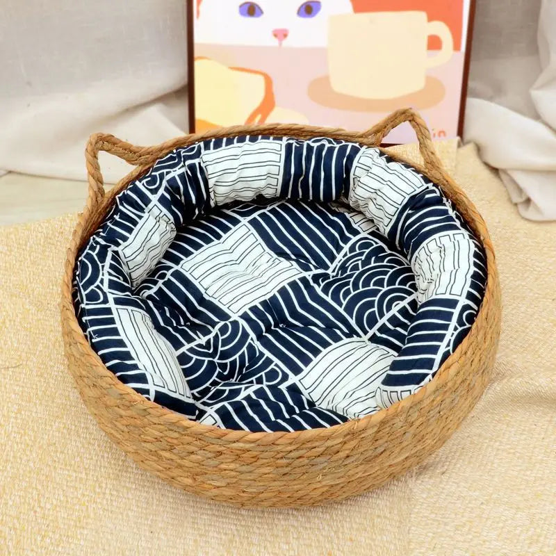 Weaving Cat Basket Pet Cat Bed With Cushion Soft Warm Puppy Kitten Bed Donut Round Comfortable Sleeping Cat House