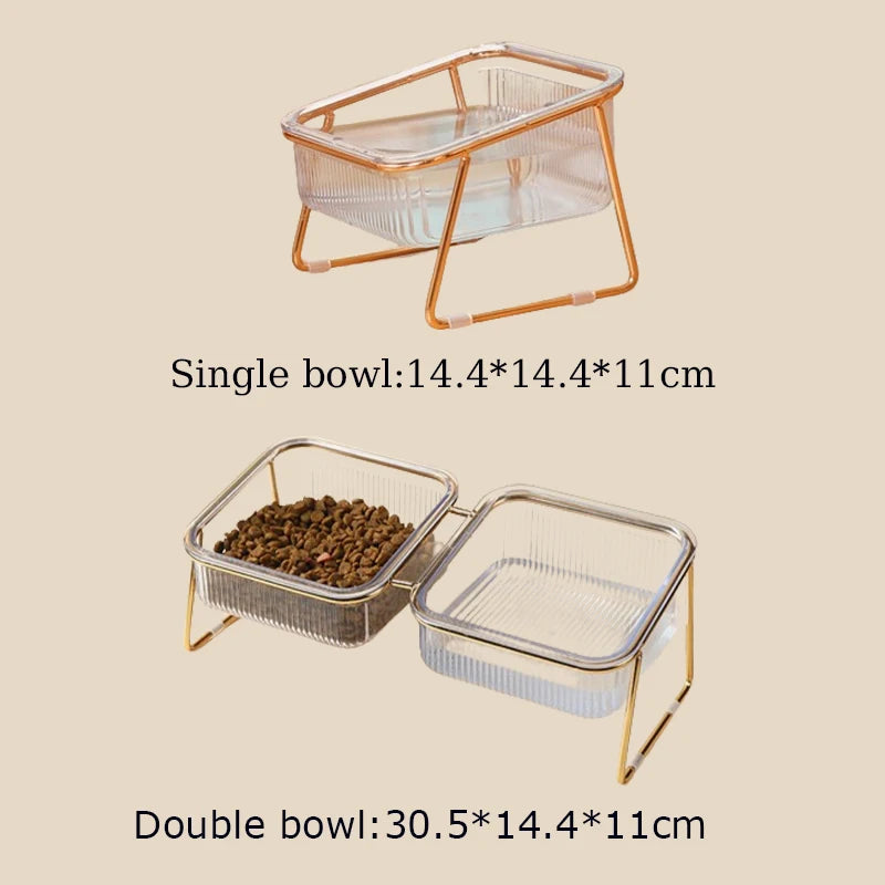 Pet Double Bowl Transparent High Foot Cat Bowl Drink water Cat Food With Golden Stand Raised Water Feeder Dog Bowl Supplies