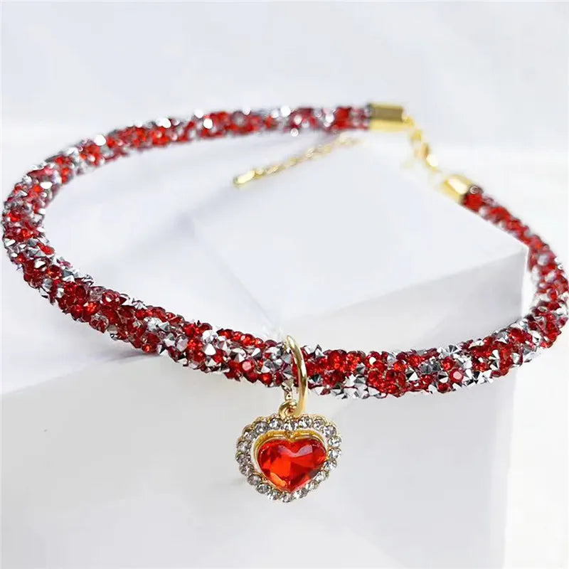 Crystal Cat Collar Heart Gem Pendant Party Rhinestone Necklace Adjustable Cats Puppy Chihuahua Wedding Pet Accessories