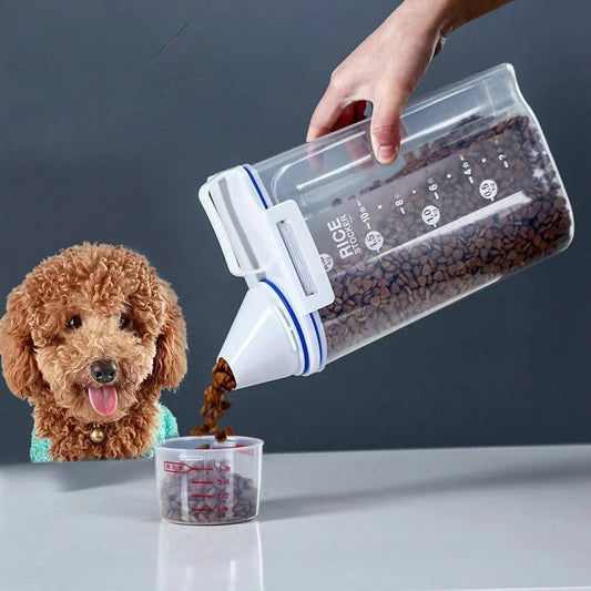 Dog Cat Food Pail Plastic Storage Tank with Measuring Cup Container Moisture-proof Sealed Jar