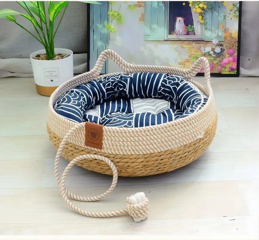 Woven Cat Bed Pet Nest All Seasons Comfortable Sleeping 35/40cm Cat Nesk Round Cat House Puppy Dog Bed