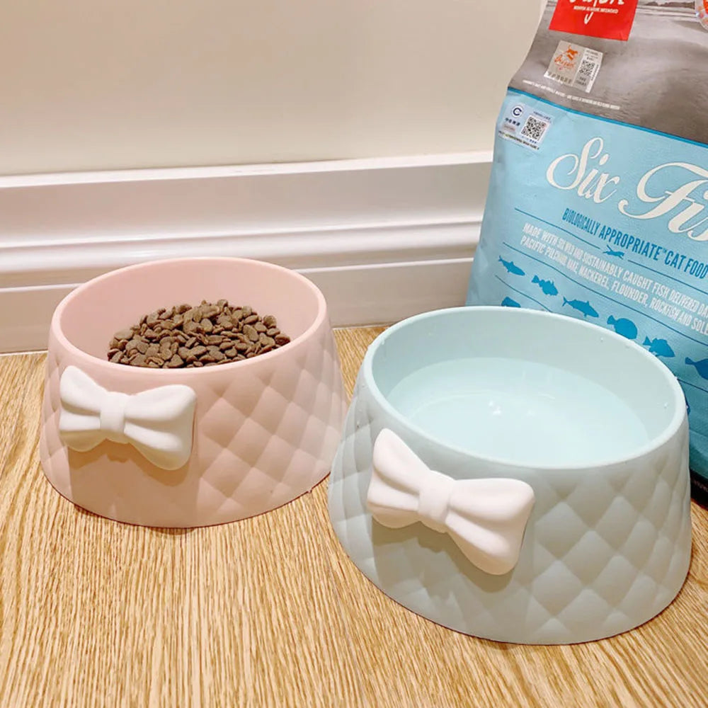 Pet Dog Food Bowls Lovely Bowknot Puppy Feeder Dish Bowl Diamond Pattern