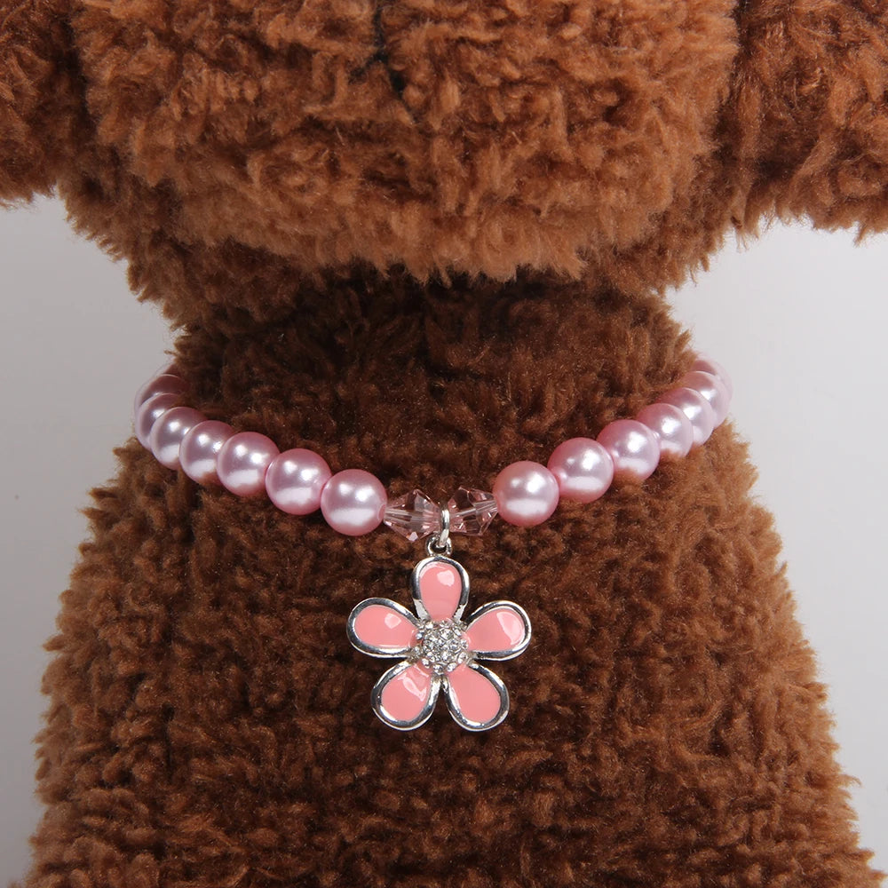 Dog Pearls Necklace Collar Rhinestones with Flower Charm Pet Puppy Jewelry For Female Dogs Cats