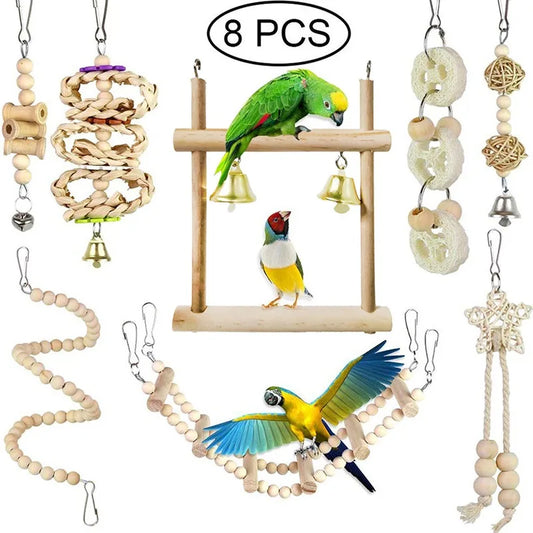 8PCS Set Combination Parrot Bird Toys Wood Articles Bite Pet Bird Toys For Parrot Training Bird Toy Swing Ball Bell Standing