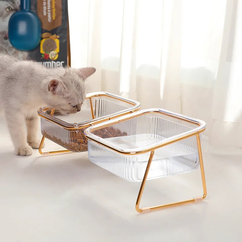 Pet Double Bowl Transparent High Foot Cat Bowl Drink water Cat Food With Golden Stand Raised Water Feeder Dog Bowl Supplies