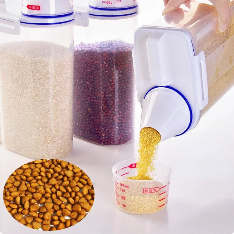 Dog Cat Food Pail Plastic Storage Tank with Measuring Cup Container Moisture-proof Sealed Jar