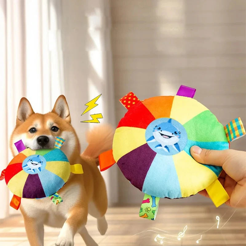 Funny Rainbow Plush Flying Saucer Dog Toys Outdoor Interactive Training Games Chew Toy Pets Flying Discs Toys with Bells