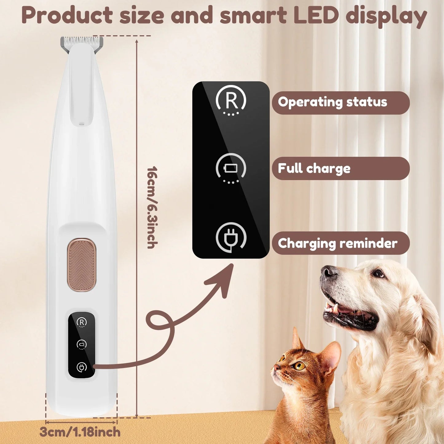 Dog Paw Trimmer with LED Light Fully Waterproof Pet Hair Trimmer with LED Display Dog Clippers for Grooming 18mm Widen Blade