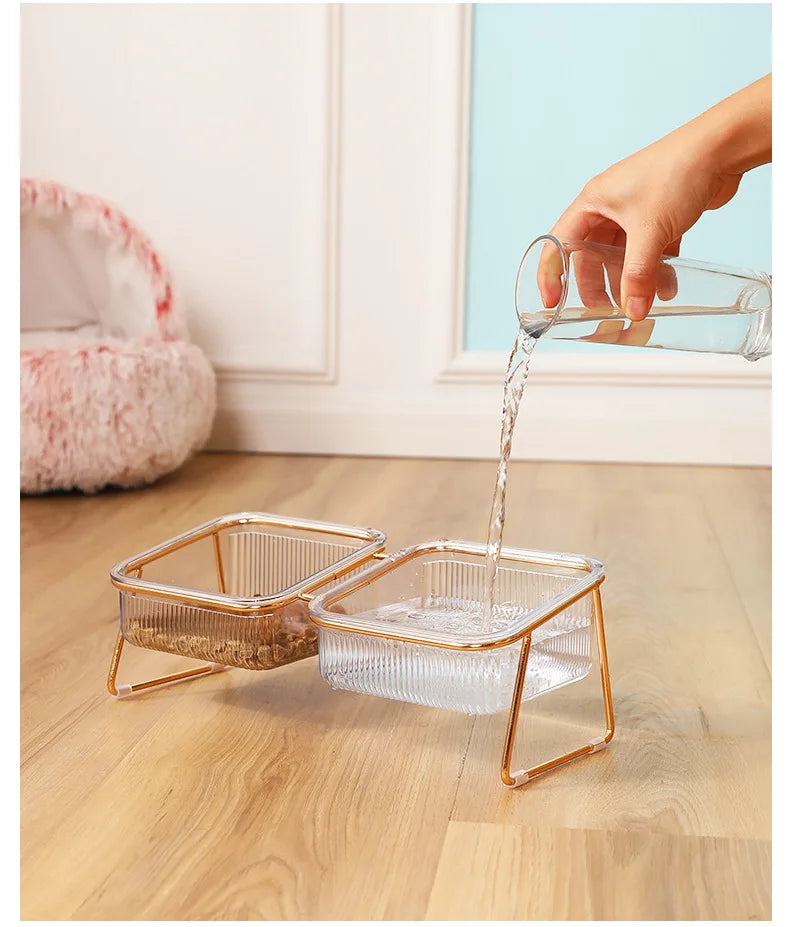 Pet Double Bowl Transparent High Foot Cat Bowl Drink water Cat Food With Golden Stand Raised Water Feeder Dog Bowl Supplies