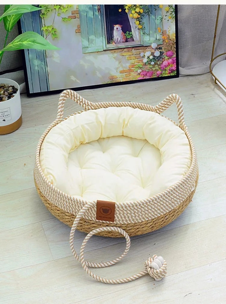 Woven Cat Bed Pet Nest All Seasons Comfortable Sleeping 35/40cm Cat Nesk Round Cat House Puppy Dog Bed