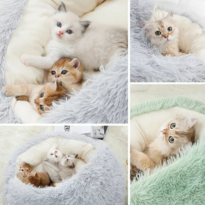 Winter Soft Plush Pet Bed with Cover Round Cat Bed Pet Mattress 
Warm Cat Dog Sleeping Nest Cave for Small Dogs Kitten 2 in 1