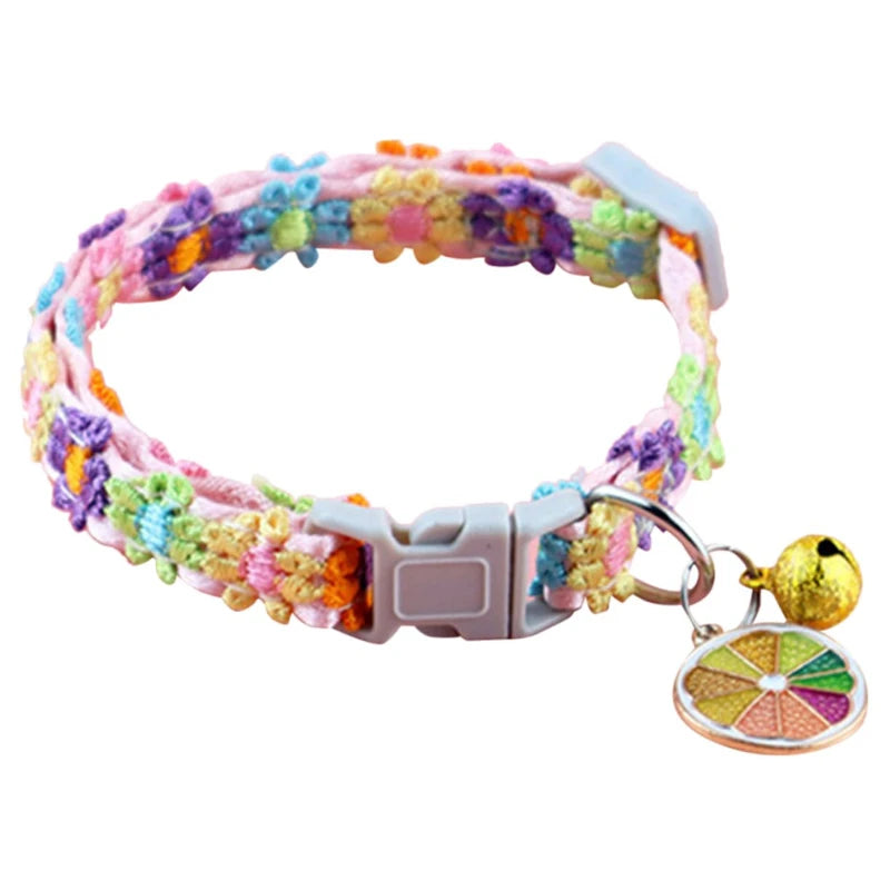 Rainbow Flower Cat Collar With Bell Kitten Puppy Necklace Adjustable Buckle Colorful Lace Kitten Collar Dog Accessories