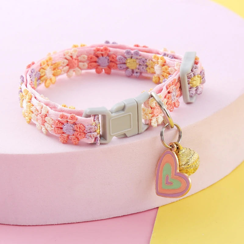 Rainbow Flower Cat Collar With Bell Kitten Puppy Necklace Adjustable Buckle Colorful Lace Kitten Collar Dog Accessories