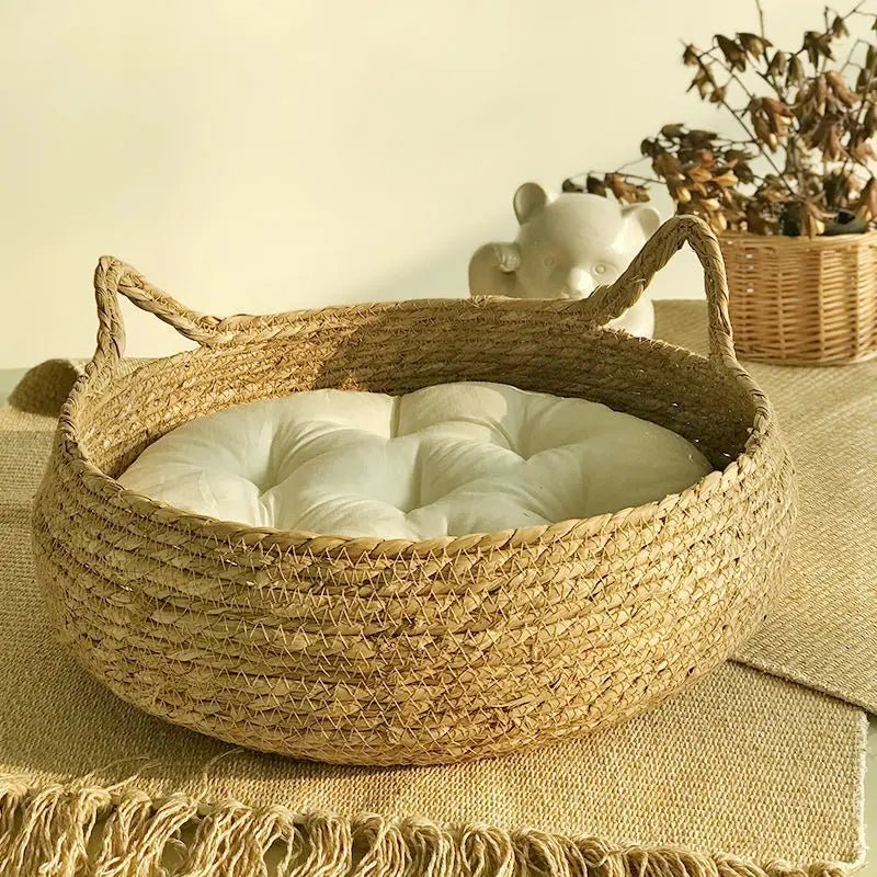 Weaving Cat Basket Pet Cat Bed With Cushion Soft Warm Puppy Kitten Bed Donut Round Comfortable Sleeping Cat House