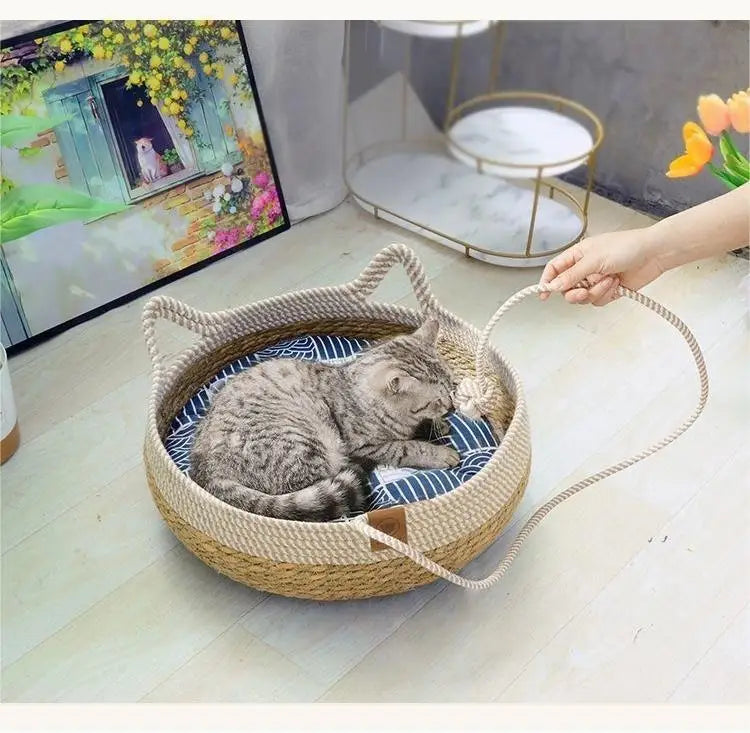 Woven Cat Bed Pet Nest All Seasons Comfortable Sleeping 35/40cm Cat Nesk Round Cat House Puppy Dog Bed