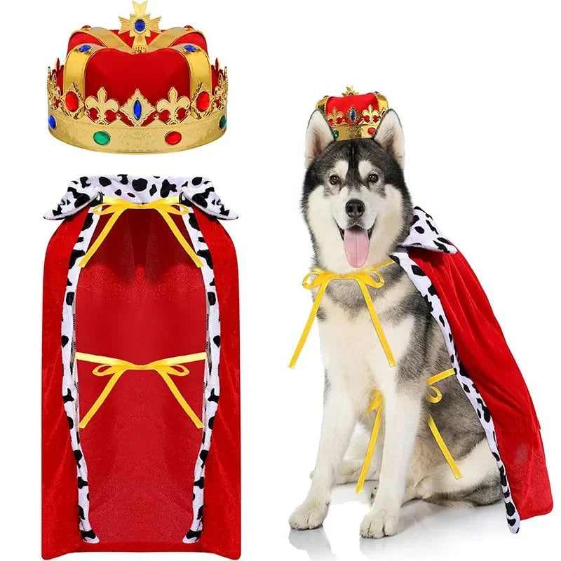 Pet Cape Crown Dog King Hat Cape Christmas Prince Costume Halloween Cosplay Party Set