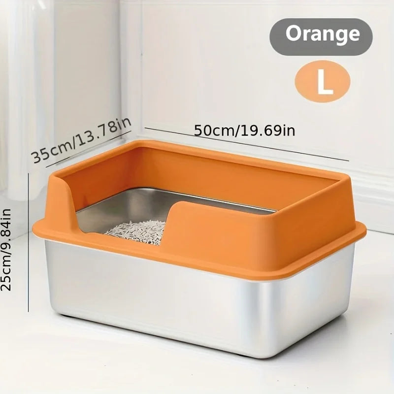 Large Stainless Steel Cat Litter Box with High Wall Enclosure Non-Stick Leak Proof Easy to Clean Includes Lid