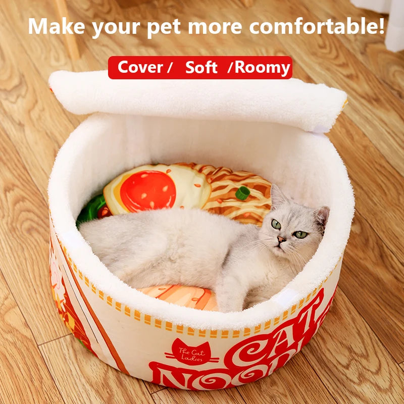 Winter Cartoon Ramen Cat Nest Love Warm Cute Semi-enclosed Cat Bed Can Be Opened And Washed