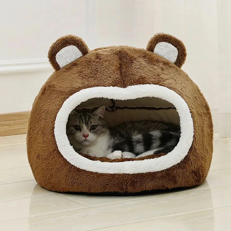 Brown Cat Bed Warm Pet House Soft Long Plush Kitten Lounger Cushion Small Dogs Tent Cave Beds For Cozy Cat House Mat Supplies